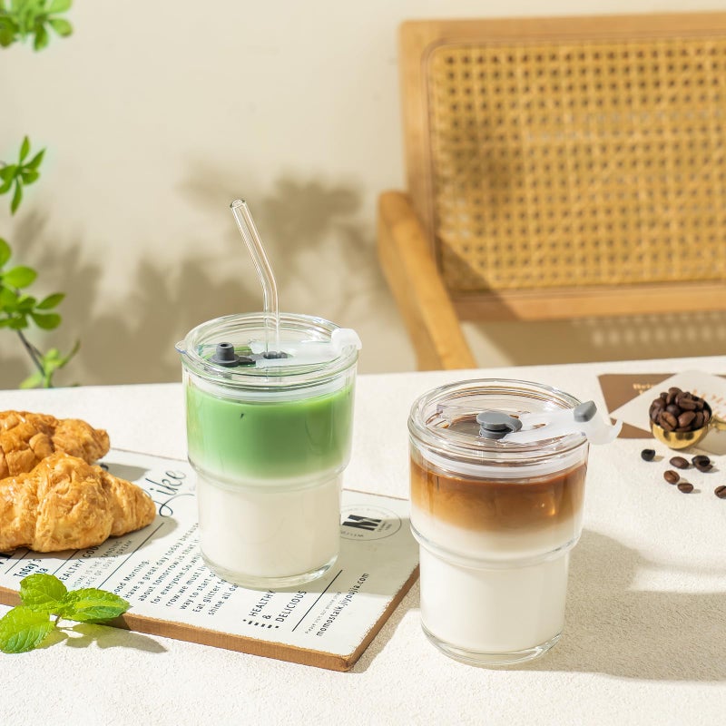 Olvini 13oz Glass Tumbler with Straw and Lid, Reusable Iced Coffee Cup Tumbler, Cute Glass Cups for Water, Matcha, Travel Coffee Mugs (Clear) - Image 5