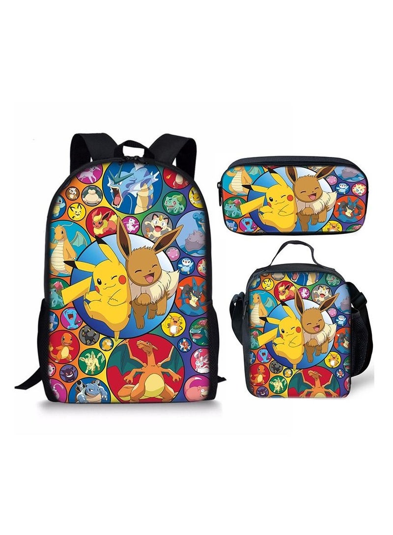 Y&D 3-Piece Pokemon 3D Print Insulated Lunch Backpack Set Multicolour - Image 1