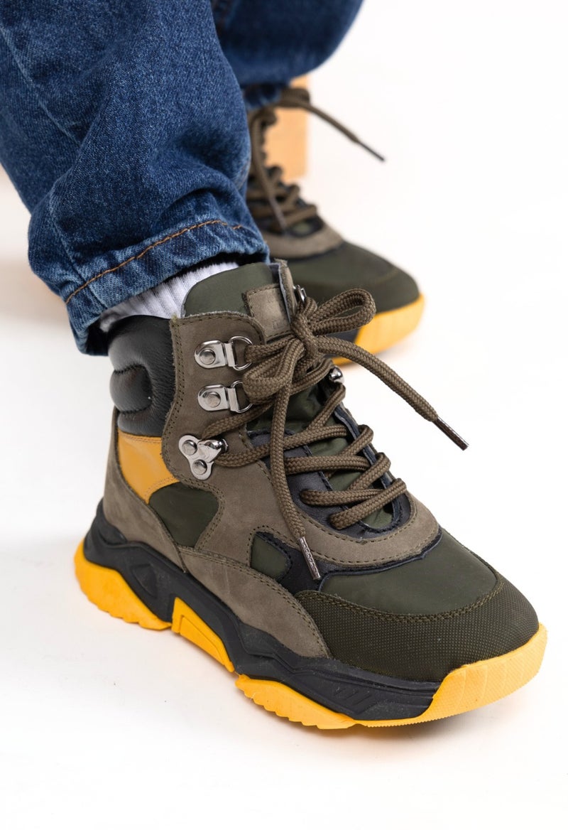 Kids A More Dynamic Lace-Up and Zippered Leather Boy Boots Khaki - Image 2
