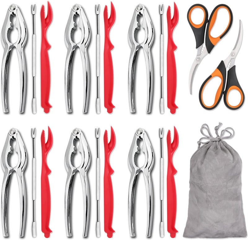 Hiware 20-piece Seafood Tools Set includes 6 Crab Crackers, 6 Lobster Shellers, 6 Crab Leg Forks/Picks and 2 Seafood Scissors & Storage Bag - Nut Cracker Set - Image 1