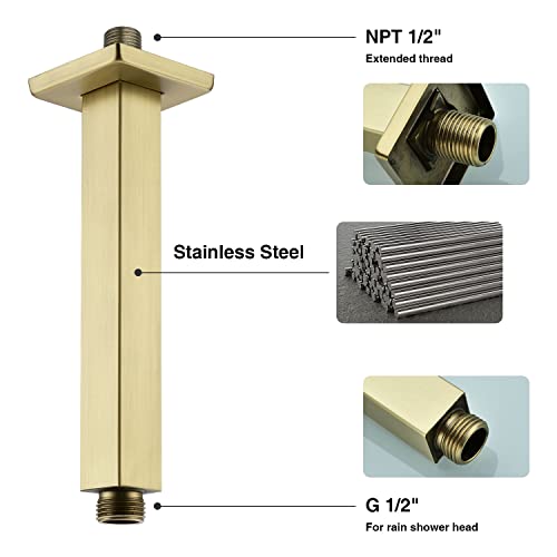 TRUSTMI Brushed Gold Shower Arm with Flange 6 Inch Straight Stainless Steel Top Rainfall Shower Head Extension Pipe Square Shaped - Image 4