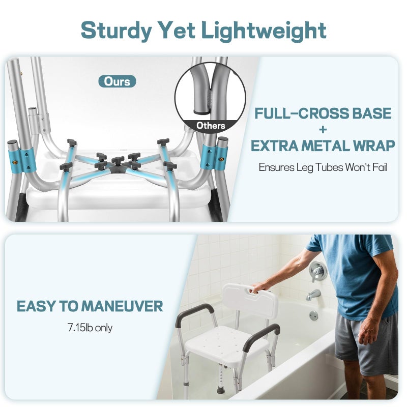 TABEKE Shower Chair for Elderly and Disabled with Padded Armrests and Back, Adjustable Height Shower Seat, Tool-Free Heavy Duty Shower Chairs for Inside Shower, Handicap - Image 2