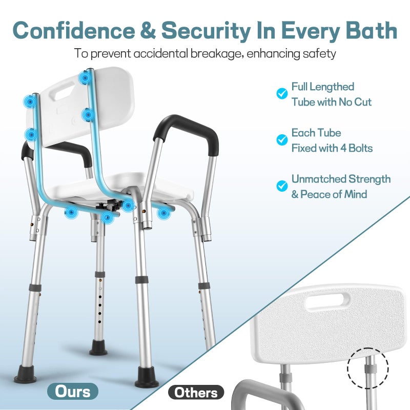 TABEKE Shower Chair for Elderly and Disabled with Padded Armrests and Back, Adjustable Height Shower Seat, Tool-Free Heavy Duty Shower Chairs for Inside Shower, Handicap - Image 3