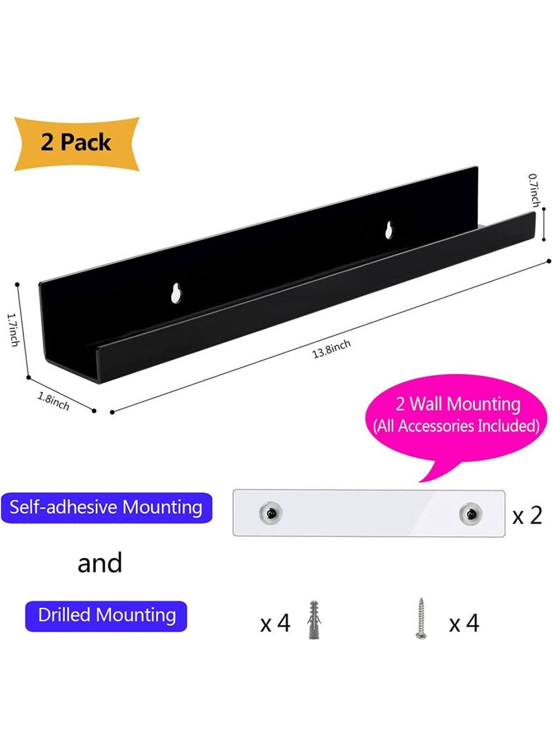 BPA - Acrylic Kids Floating Shelves Adhesive Stickers Black Bookshelves Nursery Toy Storage Ledges Wall Drilling Organizer for Bathroom Girl or Boy Bedroom 13.8  Black 2 PCs Set - Image 1