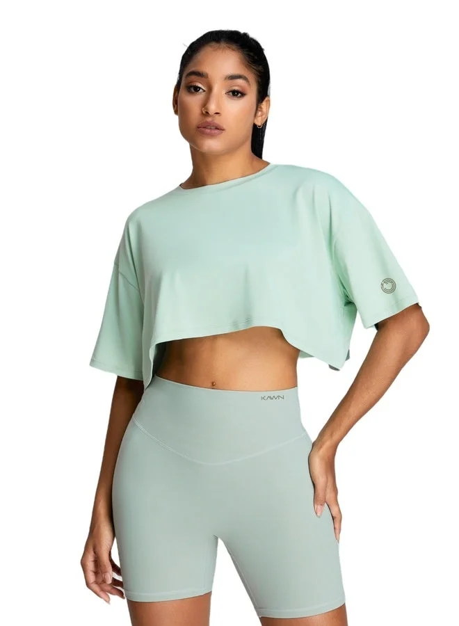 كون.يوغا بلوزة قصيرة نسائية بأكمام قصيرة فضفاضة