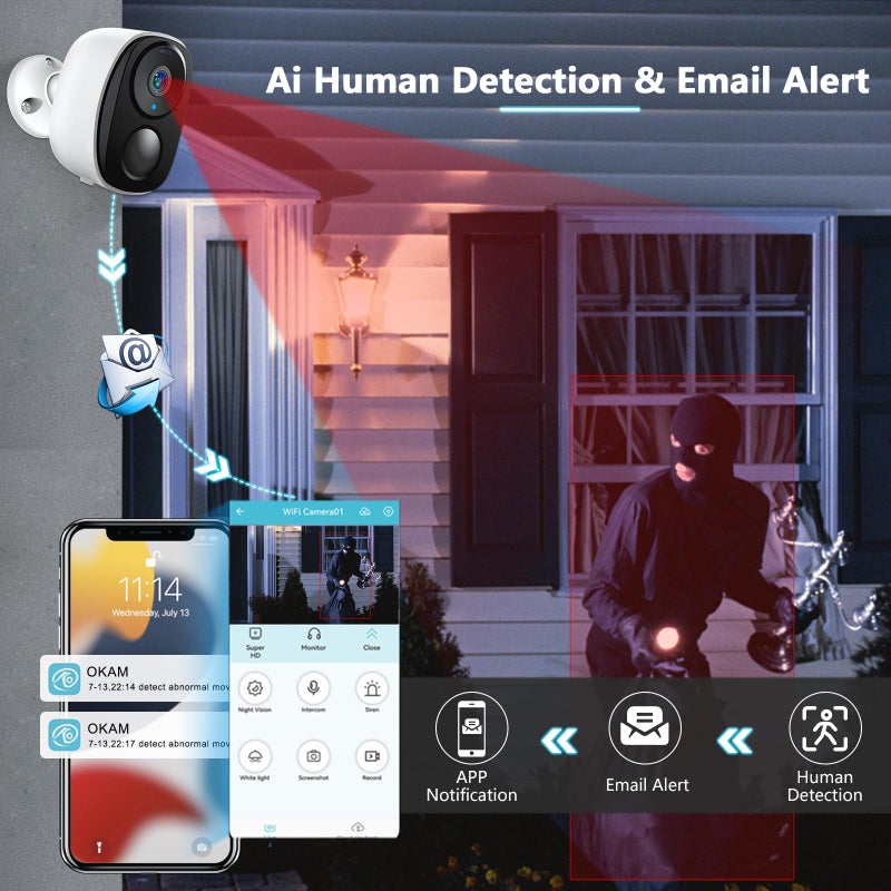 EVERSECU 2K 3MP Outdoor Wireless Security Camera Support Pairing Via Bluetooth, Rechargeable Battery-Powered WiFi Home CCTV Bullet Camera, Spotlight, PIR Motion Detection, 2-Way Audio (4pack) - Image 3