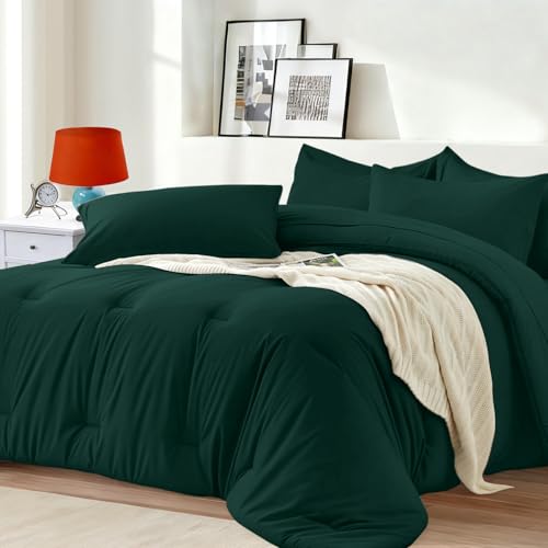 Easthome Queen Comforter Set 7 Piece - Soft Bed in a Bag Queen Size Comforter Sets, Cozy Luxury Bedding Sets with All Season Comforter, Flat Sheet, Fitted Sheet,2 Pillowcases & 2 Shams, Dark Green - Image 1