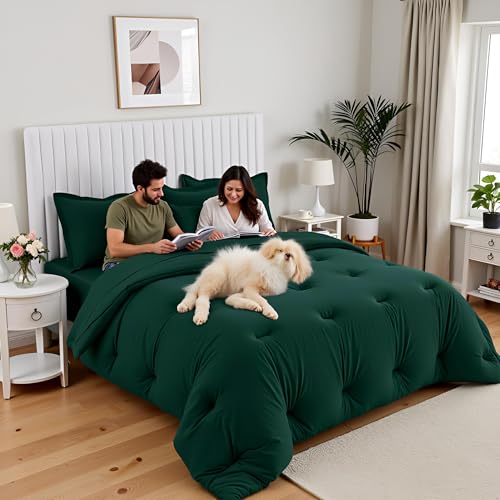 Easthome Queen Comforter Set 7 Piece - Soft Bed in a Bag Queen Size Comforter Sets, Cozy Luxury Bedding Sets with All Season Comforter, Flat Sheet, Fitted Sheet,2 Pillowcases & 2 Shams, Dark Green - Image 3
