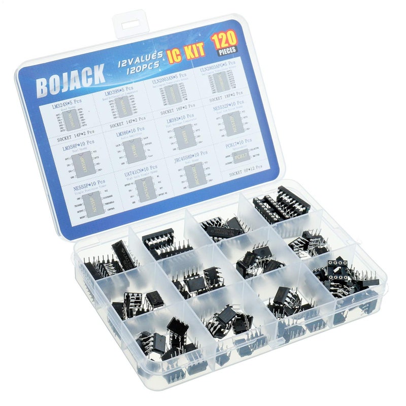 BOJACK مجموعة BOJACK من 12 قيمة 120 قطعة من مضخمات العمليات ومؤقتات دارلينجتون وفوتوكوبلر LM324 LM339 ULN2003AN ULN2803APG LM358P LM386 LM393 NE5532P NE555P UA741CN JRC4558D PC817 - Image 2