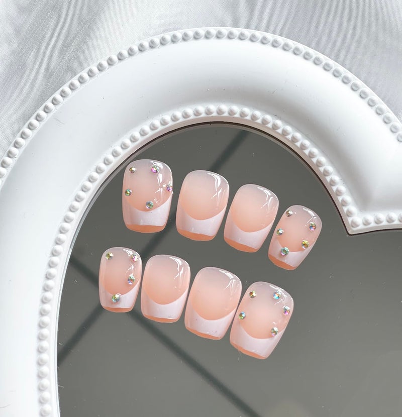 MABKJLF Press on Nails Extra Short Square MABKJLF French Tip Fake Nails Full Cover Glue on Nails Rhinestones False Nails White Acrylic Press on Nails Stick on Nails Artificial Nails for Women Girls 24 Pcs - Image 3