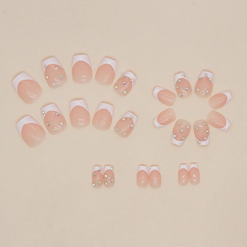 MABKJLF Press on Nails Extra Short Square MABKJLF French Tip Fake Nails Full Cover Glue on Nails Rhinestones False Nails White Acrylic Press on Nails Stick on Nails Artificial Nails for Women Girls 24 Pcs - Image 4