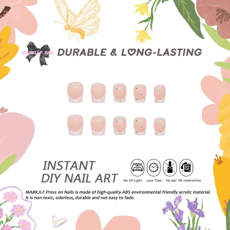 MABKJLF Press on Nails Extra Short Square MABKJLF French Tip Fake Nails Full Cover Glue on Nails Rhinestones False Nails White Acrylic Press on Nails Stick on Nails Artificial Nails for Women Girls 24 Pcs - Image 2