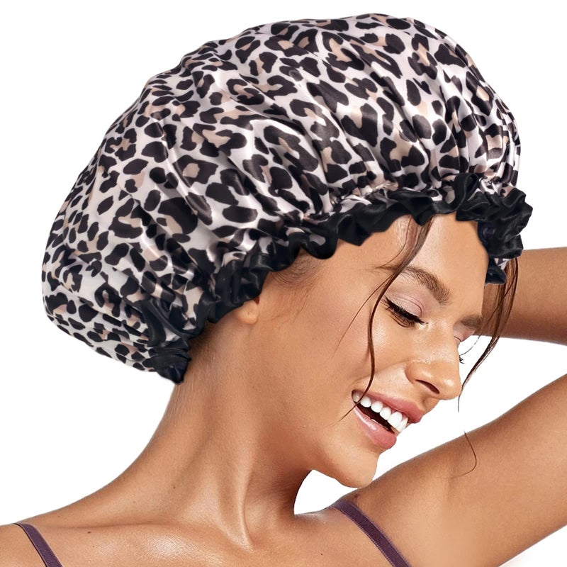 Aquior Shower Cap Shower Cap for Women Reusable Waterproof Large Bath Hair Cap for All Hair Lengths Ladies Men and Kids Leopard