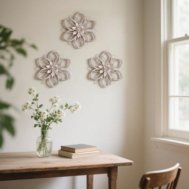 Remenna Metal & Wood Flowers Wall Decor, Rustic Wall Art Decoration Farmhouse Wall Decorations Multiple Floral Hanging Decor for Bathroom Living Room Home Office Garden Kitchen White 12inch - Image 4