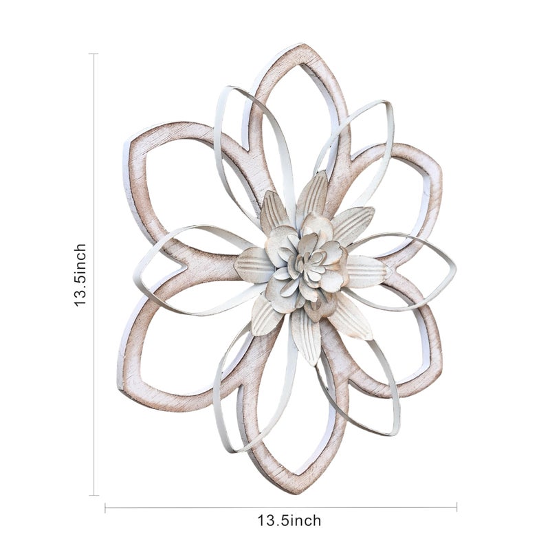 Remenna Metal & Wood Flowers Wall Decor, Rustic Wall Art Decoration Farmhouse Wall Decorations Multiple Floral Hanging Decor for Bathroom Living Room Home Office Garden Kitchen White 12inch - Image 3
