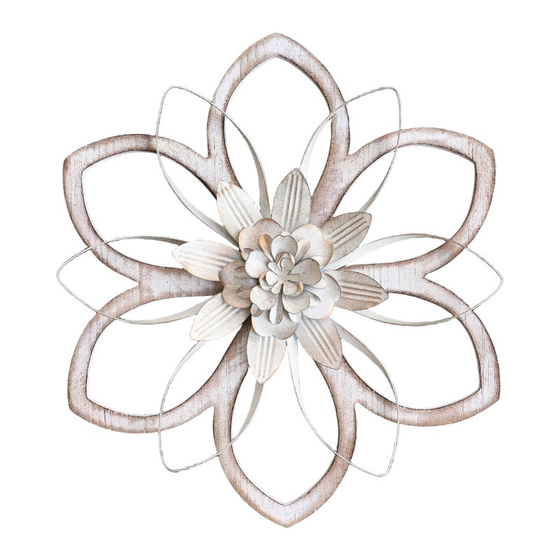 Remenna Metal & Wood Flowers Wall Decor, Rustic Wall Art Decoration Farmhouse Wall Decorations Multiple Floral Hanging Decor for Bathroom Living Room Home Office Garden Kitchen White 12inch - Image 1