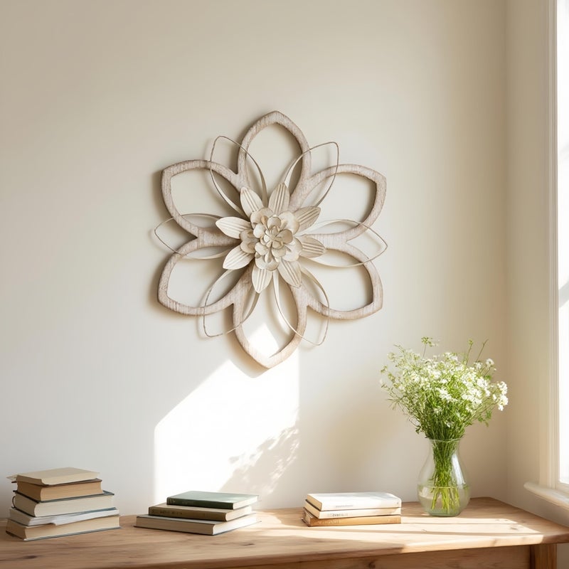 Remenna Metal & Wood Flowers Wall Decor, Rustic Wall Art Decoration Farmhouse Wall Decorations Multiple Floral Hanging Decor for Bathroom Living Room Home Office Garden Kitchen White 12inch - Image 2