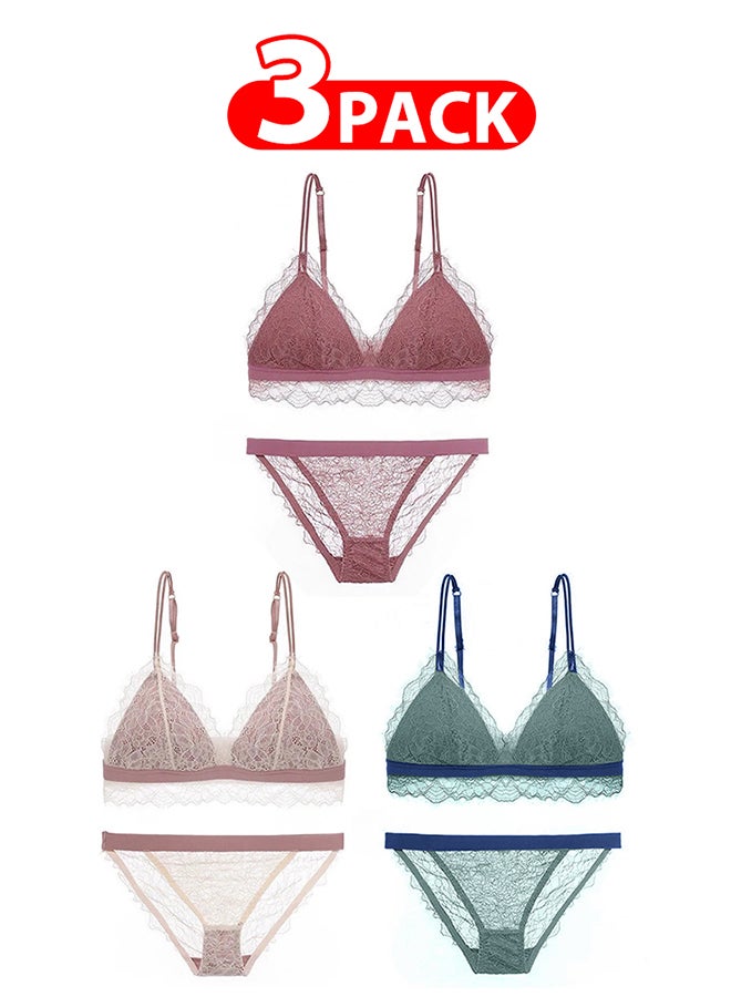 MARGOUN 3 عبوات لحمالات الصدر والسراويل الداخلية للنساء بحجم كبير مجموعة حمالات صدر دانتيل مزخرفة سراويل داخلية مثلثية للشابات ملابس داخلية حمالات صدر وسراويل متعددة الألوان - Image 1