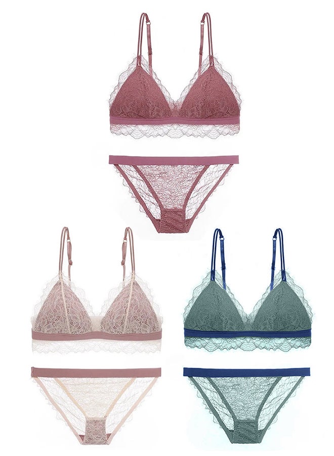 MARGOUN 3 عبوات لحمالات الصدر والسراويل الداخلية للنساء بحجم كبير مجموعة حمالات صدر دانتيل مزخرفة سراويل داخلية مثلثية للشابات ملابس داخلية حمالات صدر وسراويل متعددة الألوان - Image 2