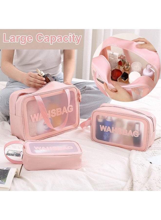 RIVUGJA Clear Waterproof Makeup & Toiletry Bag Set - Cosmetic Organizer Pouch for Women and Girls - Travel-Friendly Storage for Brushes, Accessories, Toiletries - Light Pink Wash Bag (3PCS Set) - Image 5