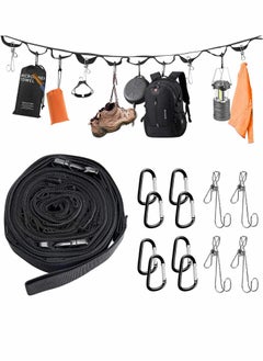 Outdoor Clothesline with Hooks and Carry Bag, Tent Camping Accessories Portable Camping Lanyard for Hanging Drying Clothes, Adjustable Windproof Travel Clothesline Hanging Rope（14ft）