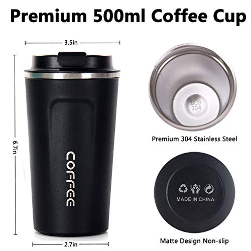 Incrizma Insulated Coffee Cup, Vacuum Insulated Travel Mug Double Wall Steel Reusable Coffee Cup 510ml with Leakproof Lid Reusable Cup for Coffee,Tea and Beer (Black, 510 ml) - Image 3