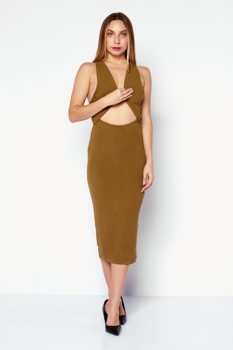 Endless Blu Women Ribbed Midi Dress, Olive - Image 1