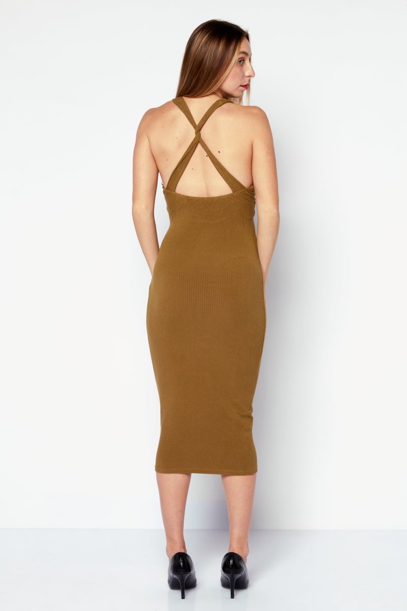 Endless Blu Women Ribbed Midi Dress, Olive - Image 2