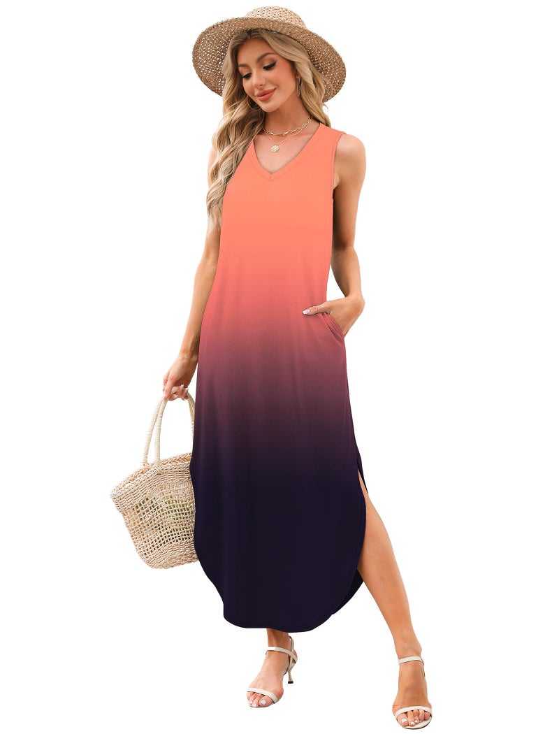 Sampeel Maxi Dresses for Women 2025 Beach Vacation Fashion Long Maxi V Neck Dress with Pockets Flowy Hawaiian Sun Dresses Gradient XL - Image 4