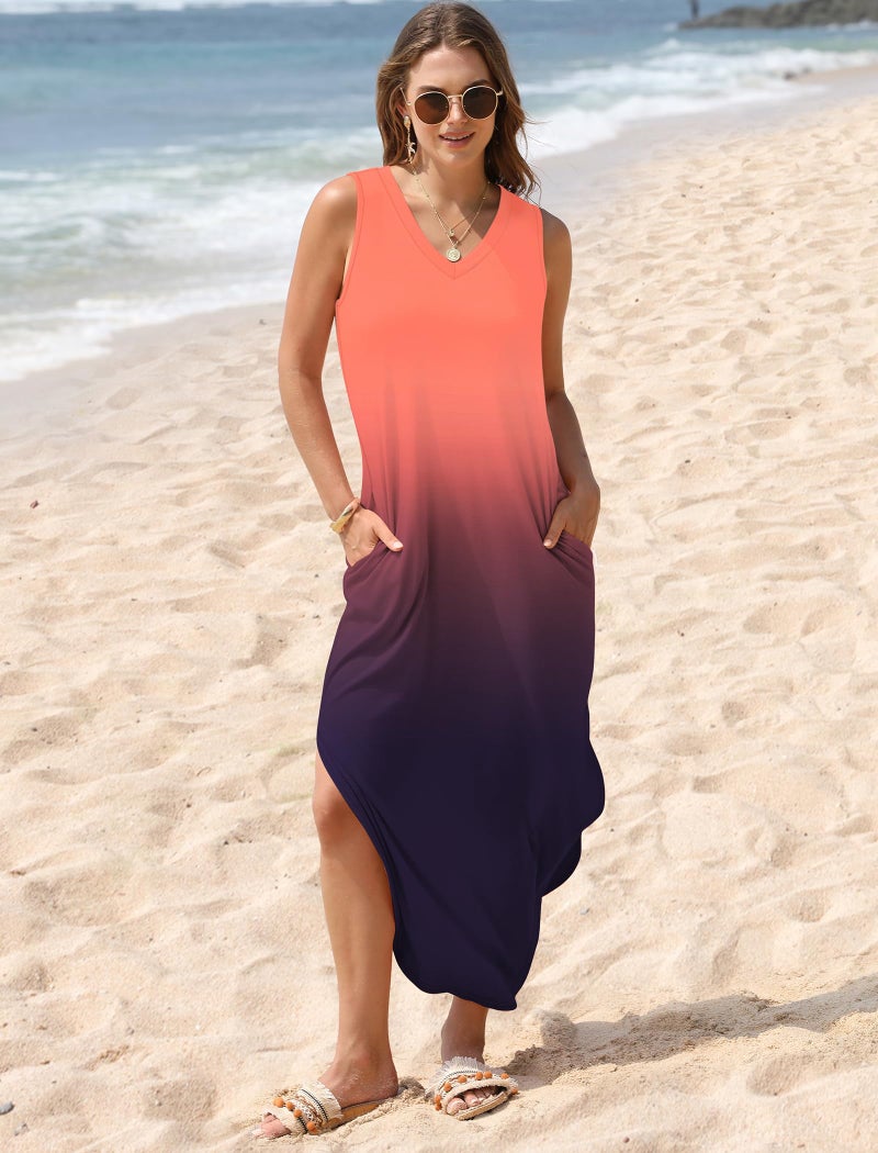 Sampeel Maxi Dresses for Women 2025 Beach Vacation Fashion Long Maxi V Neck Dress with Pockets Flowy Hawaiian Sun Dresses Gradient XL - Image 3
