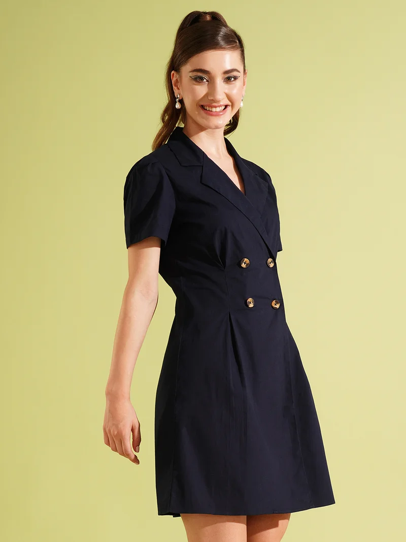globus Globus Women Notched Lapel Double Breasted Ruched Back Mini Workwear Blazer Dress