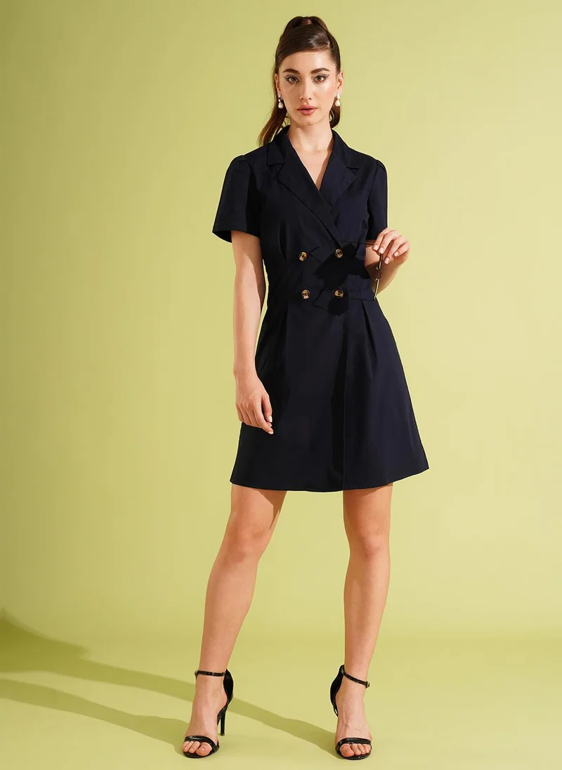 globus Globus Women Notched Lapel Double Breasted Ruched Back Mini Workwear Blazer Dress