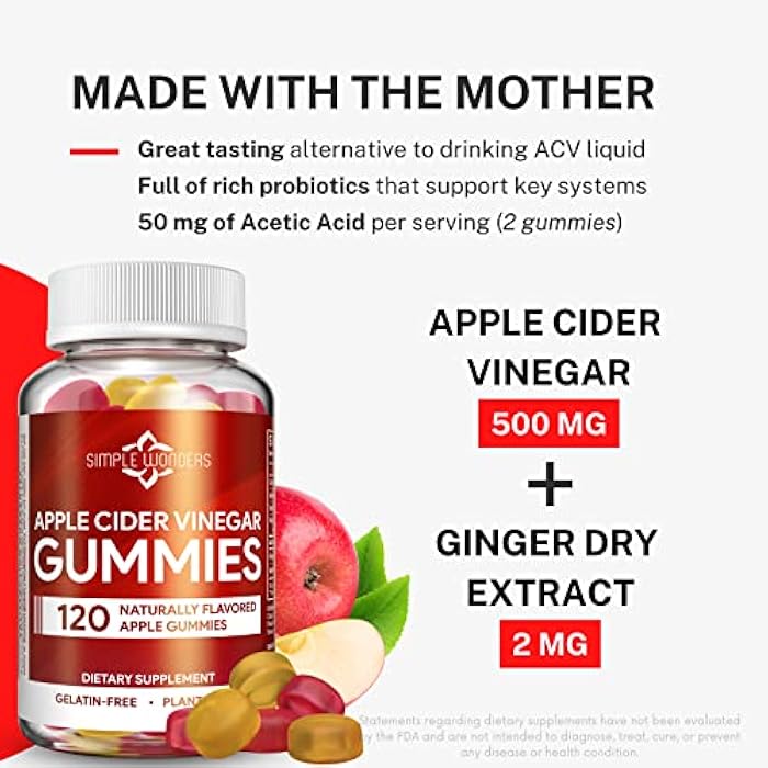 SIMPLE WONDERS Apple Cider Vinegar Gummies with The Mother - ACV Gummies for Detox, Cleansing & Immune Support - Made with Black Carrot & Ginger Dry Extract - Pectin Based, Non-GMO, Gluten-Free (120 Gummies) - Image 5