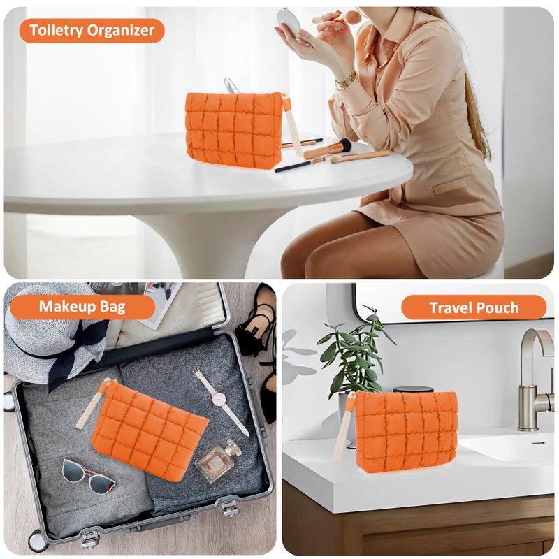 DOB SECHS Puffer Quilted Makeup Bag with Handle, Cute Puffy Cotton Cosmetic Bags for Women, Mini Checkered Toiletry Zipper Pouch, Travel Essentials Storage Organizer Clutch Pouches Pencil Case, Orange - Image 4