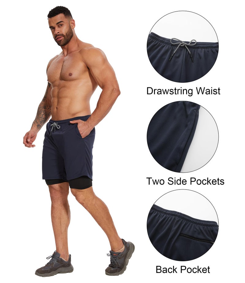 Kinglaman 4 Pack Mens 2 in 1 Running Workout Shorts with Liner, Gym Athletic Quick Dry Sport Shorts with Pockets 2 Black 1 Blue 1 Gray Small - Image 5