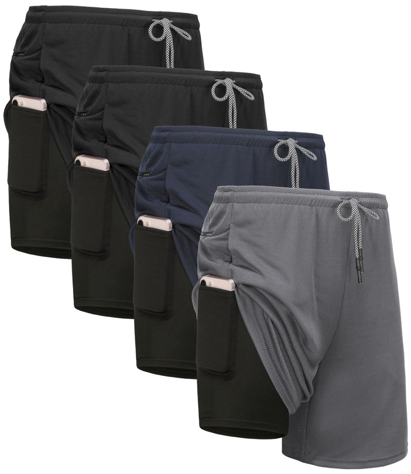 Kinglaman 4 Pack Mens 2 in 1 Running Workout Shorts with Liner, Gym Athletic Quick Dry Sport Shorts with Pockets 2 Black 1 Blue 1 Gray Small - Image 1