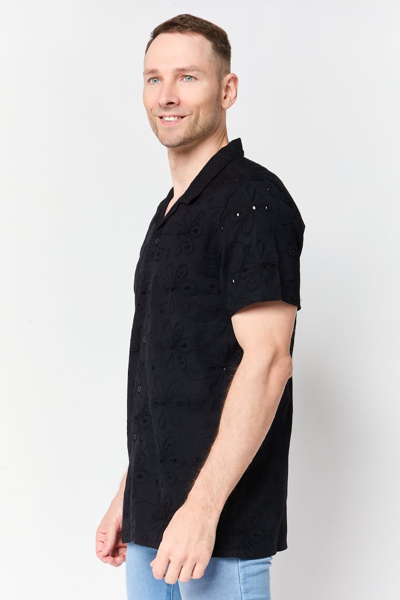 Threadbare Men Regular Fit Embroidered Short Sleeve Casual Shirt, Black - Image 3