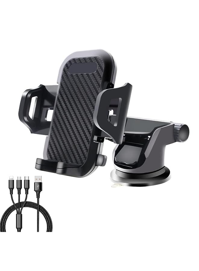 PROMASS 3IN1 Car Phone Holder With Charging Cable, Car Phone Holder Dashboard Car Mobile Stand Windshield,360° Rotatable Extendable Arm, Compatible With iPhone & Other Smart Phones- Black - Image 2