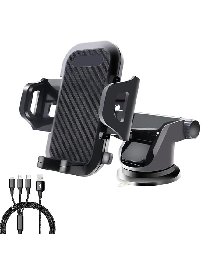 PROMASS 3IN1 Car Phone Holder With Charging Cable, Car Phone Holder Dashboard Car Mobile Stand Windshield,360° Rotatable Extendable Arm, Compatible With iPhone & Other Smart Phones- Black - Image 1