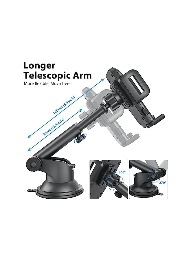 PROMASS 3IN1 Car Phone Holder With Charging Cable, Car Phone Holder Dashboard Car Mobile Stand Windshield,360° Rotatable Extendable Arm, Compatible With iPhone & Other Smart Phones- Black - Image 4