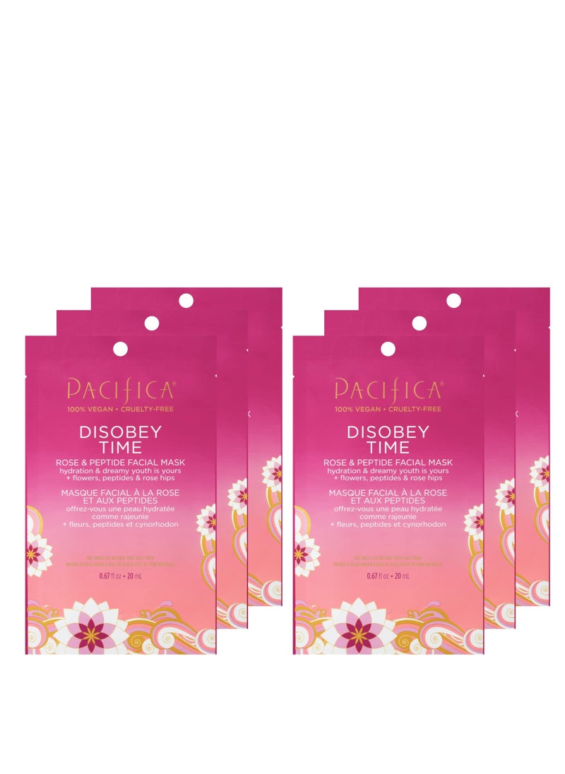 Pacifica Pacifica Beauty Disobey Time Facial Mask, Skincare, Rose, Peptide, Hyaluronic Acid, Green Tea, Hydrating, Dreamy Youth, Face Mask, Sheet Mask, Face Care, Dry Skin, All Skin Types, Vegan (6 Sheets) 