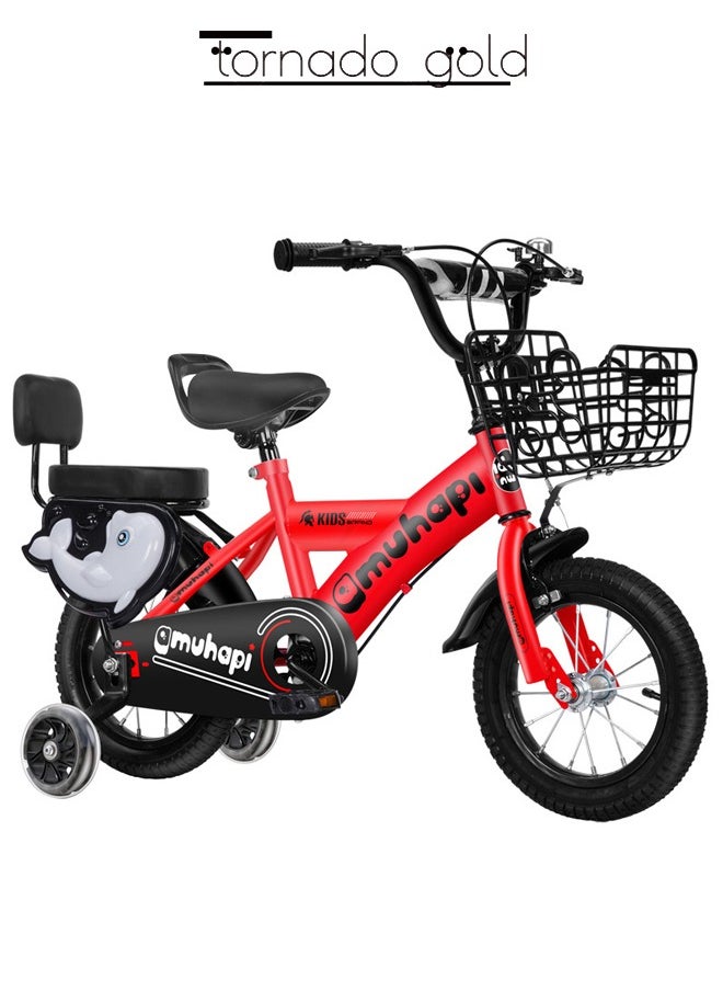 tornado gold Kids Bike High-carbon Steel Frame Bike with Basket Training Wheels Children's Bike Two-seater Adjustable Seat Riding  - Image 1
