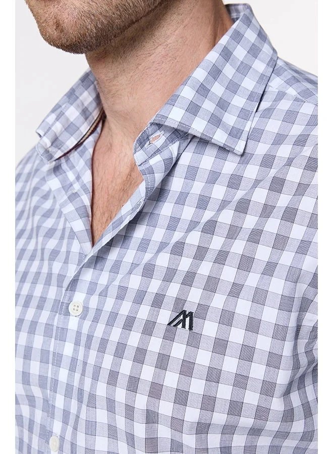 مانرزم The Mariner White and Navy Poplin Check Shirt Slim Fit