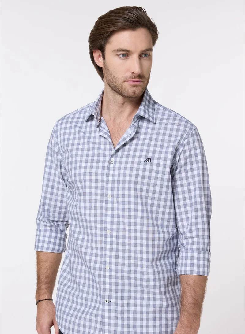 Mannerism The Mariner White and Navy Poplin Check Shirt Slim Fit