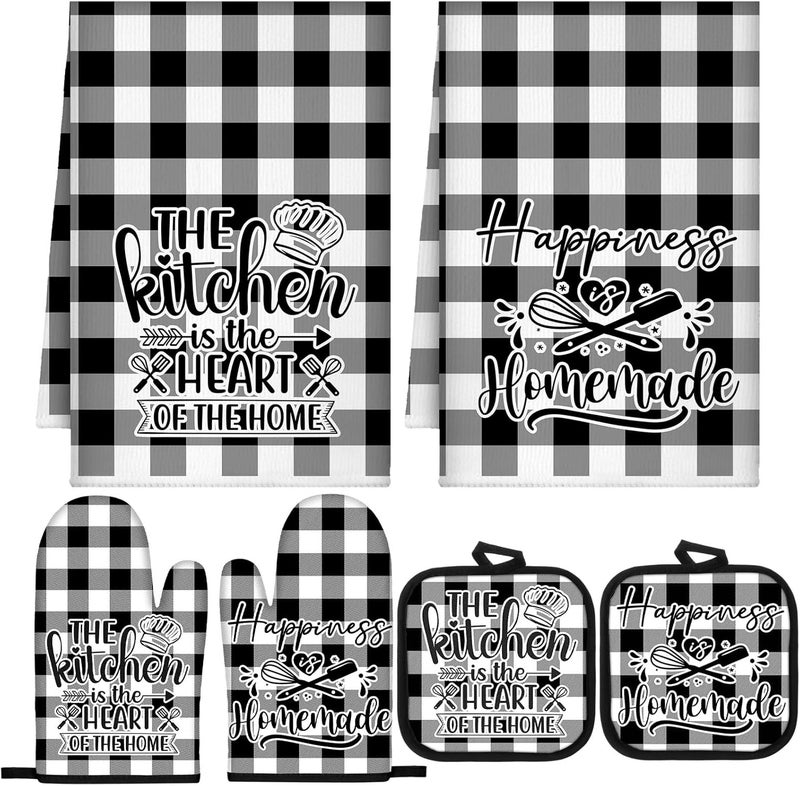Sratte 6 Pcs Kitchen Decor Accessories Set Farmhouse Towels Pot Holders Oven Mitts Set 2 Dish Towels 2 Potholders 2 Cooking Mittens Oven Glove for Christmas Baking Cooking Supply(Black White,Kitchen) - Image 1