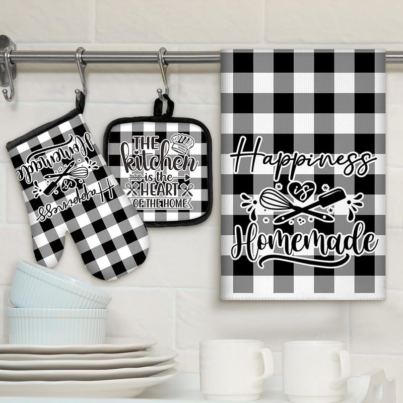 Sratte 6 Pcs Kitchen Decor Accessories Set Farmhouse Towels Pot Holders Oven Mitts Set 2 Dish Towels 2 Potholders 2 Cooking Mittens Oven Glove for Christmas Baking Cooking Supply(Black White,Kitchen) - Image 2