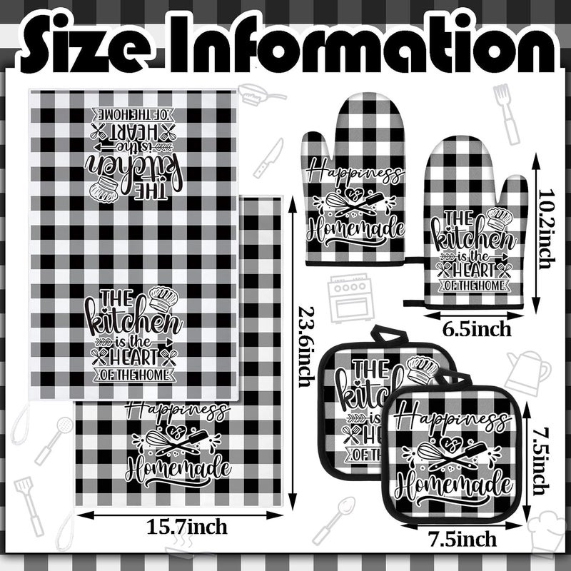 Sratte 6 Pcs Kitchen Decor Accessories Set Farmhouse Towels Pot Holders Oven Mitts Set 2 Dish Towels 2 Potholders 2 Cooking Mittens Oven Glove for Christmas Baking Cooking Supply(Black White,Kitchen) - Image 4