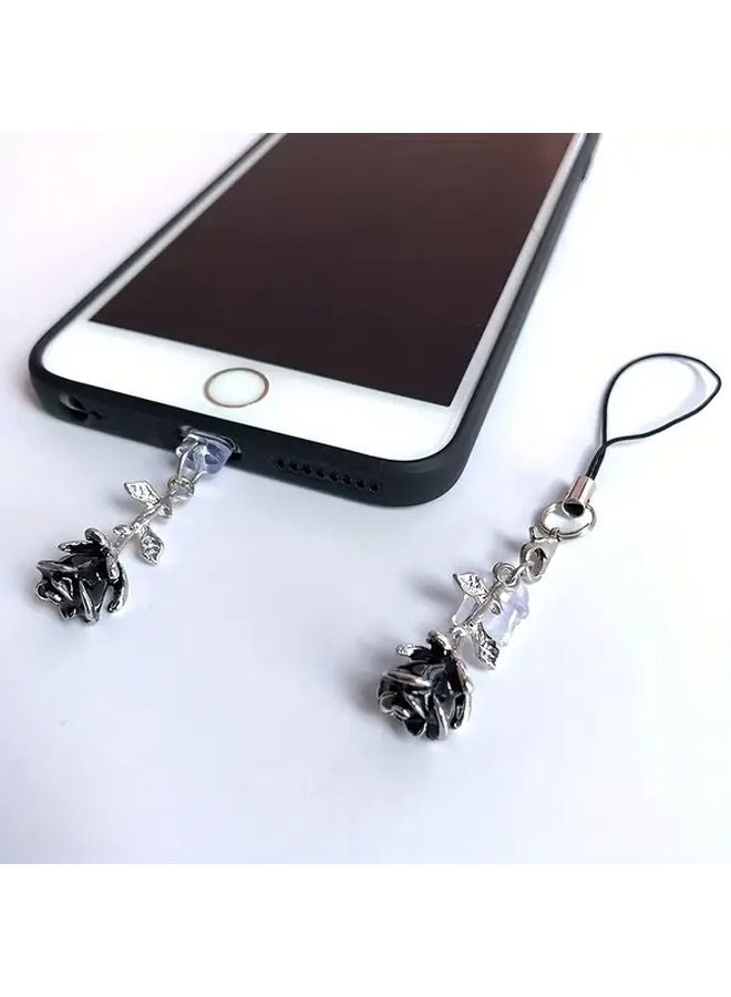 Alloy 3D Black Rose Phone Dust Plug with Rope For Type C Charging Port - Image 5