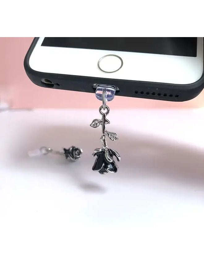 Alloy 3D Black Rose Phone Dust Plug with Rope For Type C Charging Port - Image 3