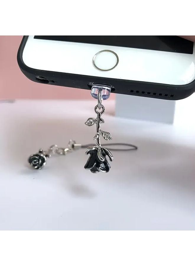 Alloy 3D Black Rose Phone Dust Plug with Rope For Type C Charging Port - Image 1